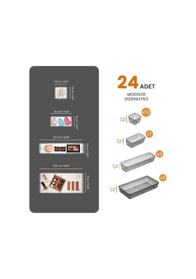 24'lü Multi Set - Çekmece İçi Düzenleyici - Banyo Makyaj Ve Takı Organizer Siyah Genel