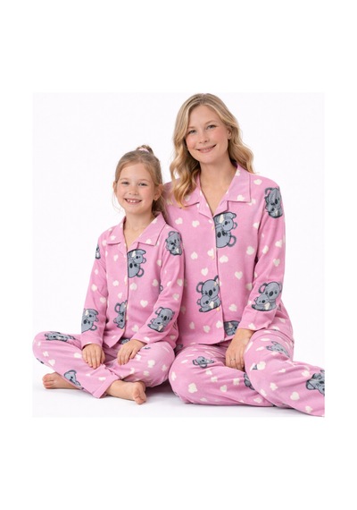 Free Beka Pembe Koala Desenli Uzun Kollu Önden Düğmeli Gömlek Yaka Anne Kız Pijama Takımı Kombin
