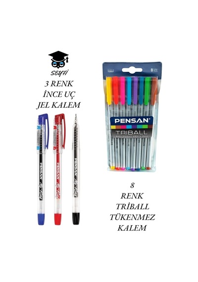 8 Renk Triball Tükenmez Kalem 3 Renk İnce Uç Jel Kalem