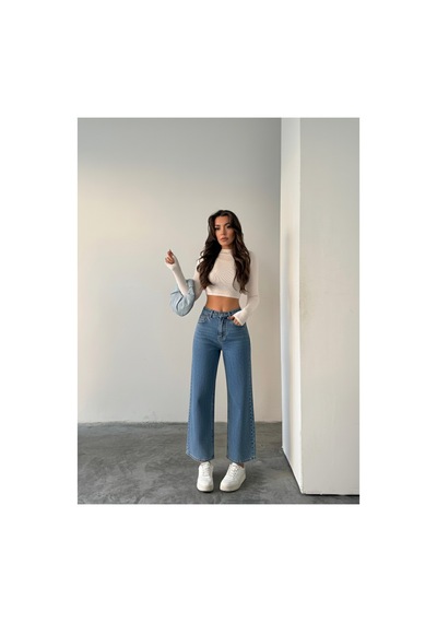 Blue Marlın Mavi Yüksek Bel Bilek Boy Kot Bol Paça Jeans Mavi