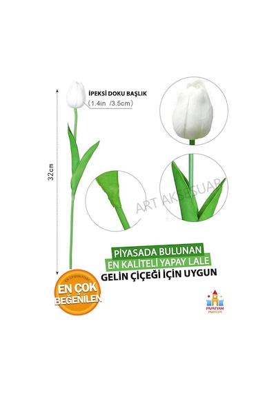 Beyaz Gerçeksi Dokulu Yapay Lale Buketi - 8 Li Islak Lale Seti, 32 Cm Beyaz