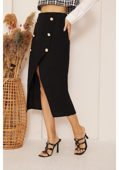 Darlin Moda Siyah Büyük Düğmeli Önden Yırtmaçlı Tweed Etek Dm2030 Siyah
