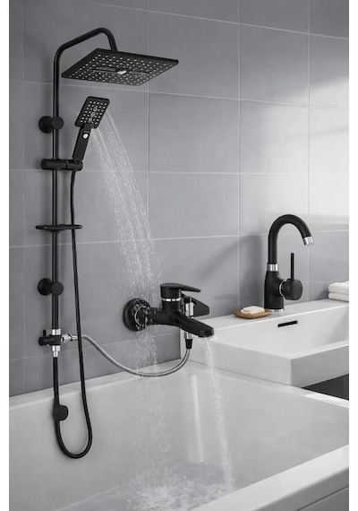3 Lü Banyo Seti Lavabo Banyo Duş Tepeleme Robot Siyah