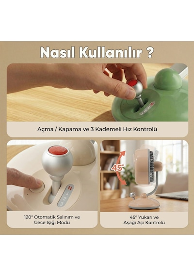 Juo Q3 120 Salınımlı 3 Kademeli Led Işıklı Şarjlı Masaüstü Fan Vantilatör Retro Kırmızı