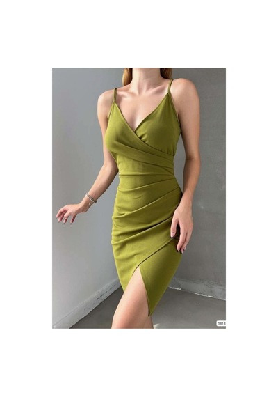 Lior Design Kadın Yeni Sezon V Yaka Yırtmaçlı Mini Askılı Abiye Elbise Yeşil