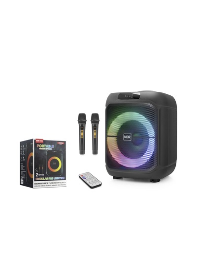 Ndr Ndr1745 Çift Karaoke Mikrofonlu Bluetooth Hoparlör Fm Radyo 20w 8 İnç Rgb Kumandalı Siyah