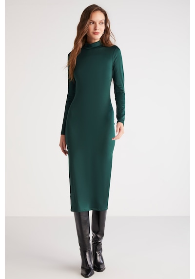 Ethıquet Katja Kadın Vücudu Tamamen Saran Slim Fit Dar Kesim Dik Yaka Midi Boy Yeşil Elbise