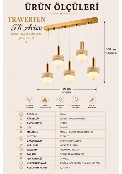 Eskitme Premium Traverten Taşlı 5'li Sarkıt Avize Gold Kasa Salon Mutfak Aydınlatma 24w