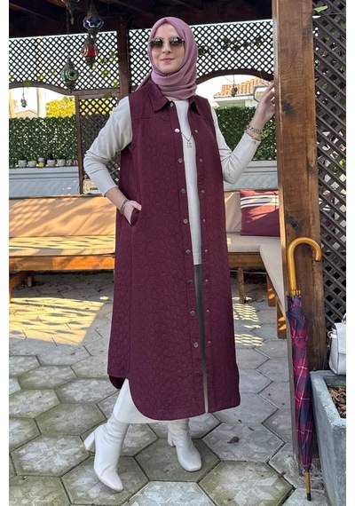 Rabia Şamlı Safir Kapitone Yelek Bordo Çok Renkli