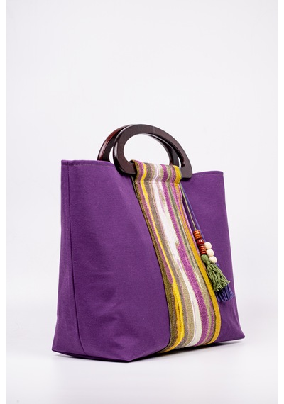 Fabric Craft Bag El Çantası Duck Kumaş Ahşap Saplı Mor Mor