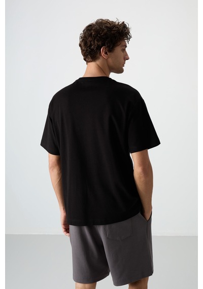 Air Jones Tommy Life Siyah Pamuklu Kalın Yüzeyi Dokulu Oversize Fit Baskılı Erkek T-shirt - 88364 Siyah