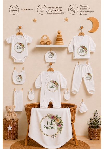 Pia Baby Kişiye Özel İsimli Kız Bebek Hastane Çıkış Seti 10 Parça %100 Pamuk 109410yx Ekru
