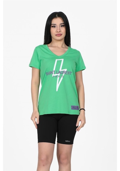 Yıldırım Baskılı V Yaka Tshirt Yeşil-yeşil Yeşil