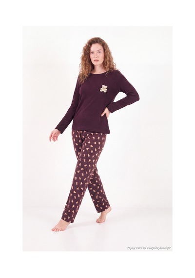 Lela Yumuşak Dokulu Desenli Uzun Kollu Pijama Takımı Kadın Pijama Takımı 6575018 Kahve