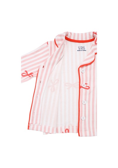 Bebegen Kız Bebek Beyaz Pudra Fiyonklu Çizgili Pijama Takımı Çok Renkli