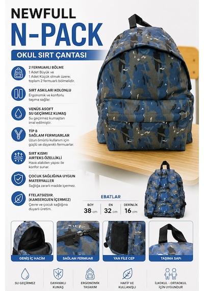 Newfull N-pack Sırt Okul Çantası Laci Kamuflaj