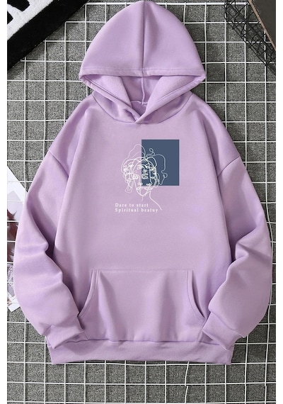 Uyguntarz Unisex Minimal Line Drawing Baskılı Sweatshirt Lila