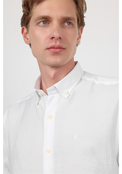 İmza Beyaz Düğmeli Yaka Uzun Kol Cepsiz Slim Fit Modal Gömlek 1004260162