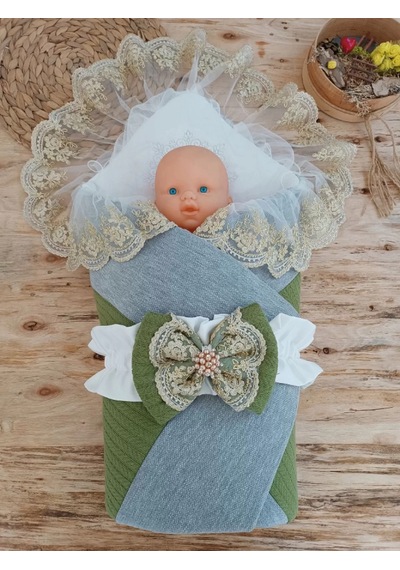 Yenidoğan Teri Cotton Taç Nakışlı Prizma Taş Kundak Bebek Battaniyesi Yeşil Çok Renkli