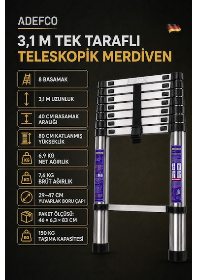 8 Basamak Paslanmaz Çelik Teleskopik Merdiven 3.1 Metre Katlanabilir Uzayan Merdiven -