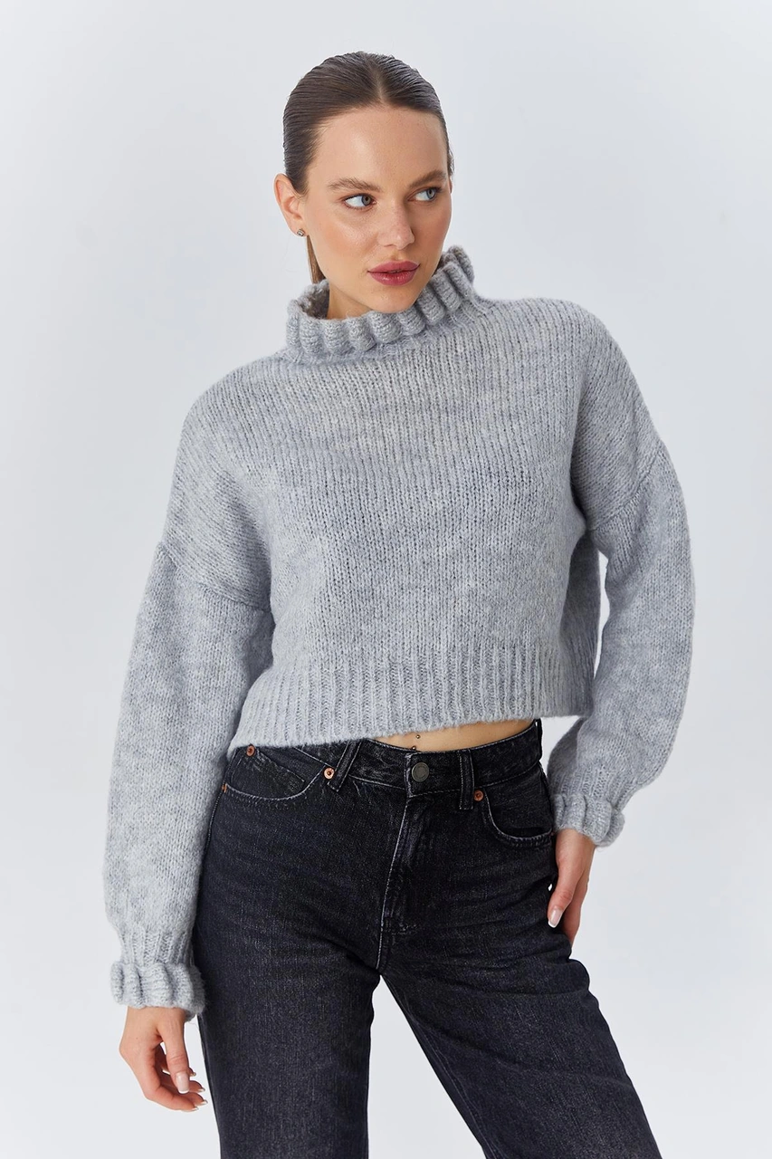 Mixray 6883 Kadın Fırfır Detay Crop Triko Kazak Gri