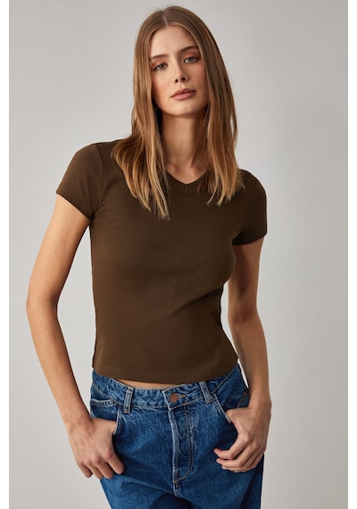 Ethıquet Masroutı Kadın Slim Fit V Yaka Kısa Kol Kahverengi T-shirt