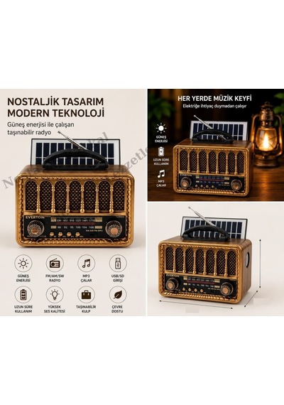 Nostaljik Everton Rt-707 Solarlı Radyo & Mp3 Çalar Usb/tf Kart Destekli, Dekoratif Masaüstü Radyo-saat