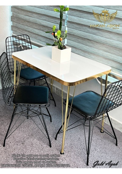 By Hakan Aşkın Gold Metal Ayaklı 60x90 Cm Kalınlıklı Tek Masa Parlak Beyaz Gold Mutfak - Balkon - Çalışma Masası 2026 Gold Kalınlaştırılmış