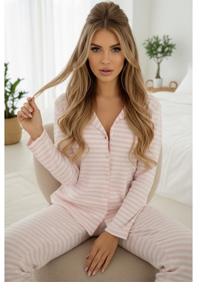 Siyah İnci Fırçalı Soft Fitilli Kaşkorse Hırka Pijama Takım Pembe Beyaz