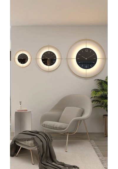 MetaQuartz Aksesuar (Büyük Boy-55*55 cm)Gold Deluxe Ledli Pilli - Siyah Göbek - Modern Dekoratif Metal D Gold