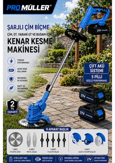 Pro Müller Pro X-tork 21 V 5 Ah Teleskopik Uzatmalı Kömürsüz Turbo Motor Çift Akülü Ot Çalı Biçme Tırpanı