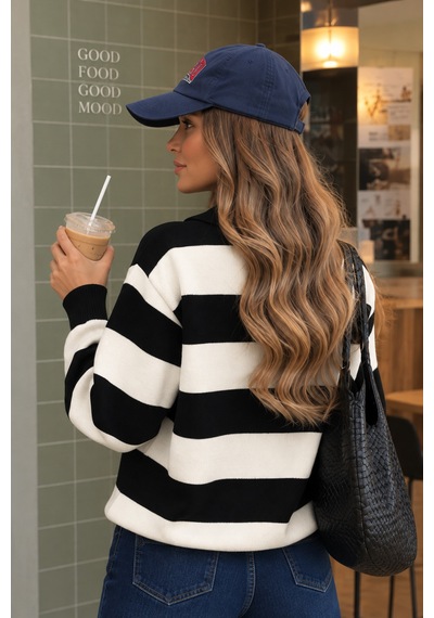Nilza New York Kadın Siyan Çizgili Oversize Polo Yaka Triko Kazak Siyah