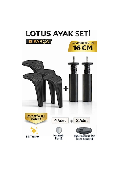 Lotus 16 Cm Ayak Seti Siyah 6 Parça Robot Süpürgeye Uyumlu Koltuk Mobilya Dolap Baza Ayağı Siyah