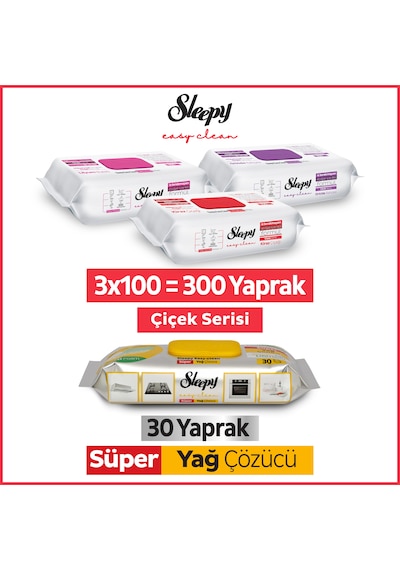 Sleepy Easy Clean Çiçek Serisi&Süper Yağ Çözücü Yüzey Temizlik Havlusu&Mendili (3x100+30)