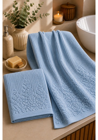 Çiçek Desenli 2 Li Banyo Havlu Seti 50 90 Baş Havlusu + 90 150 Banyo Havlusu - Mavi