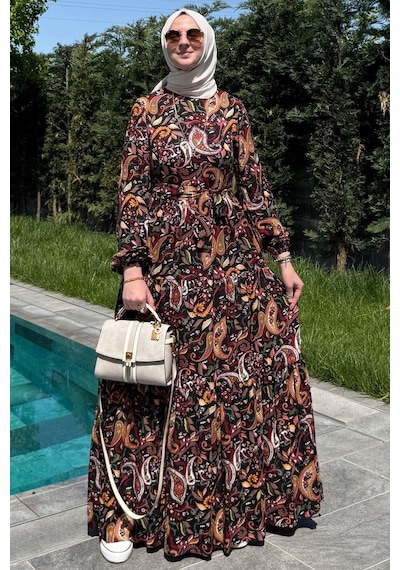 Rabia Şamlı Şal Desenli Elbise Siyah Normal