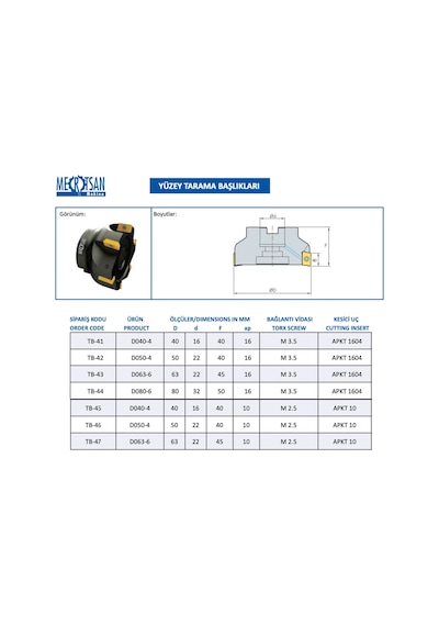Mertsan Yüzey Tarama Başlığı D063-6 63x45 Mm Takım Ölçüsü, 6 Adet Apkt 10 Kesici Uç Kullanır