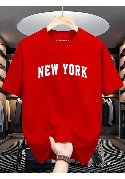 New York Beyaz Baskılı Oversize Tişört Kirmizi