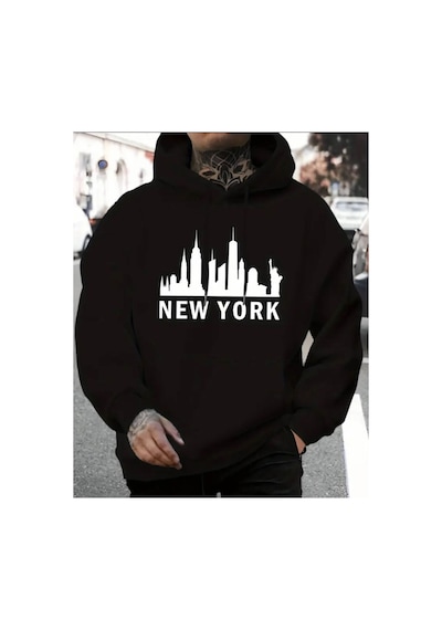 Herkesemoda New York Yazı Detaylı İçi Polarlı Kapüşonlu Sweatshirt Siyah
