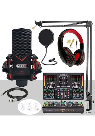 Midex GMX-1 Titanium Set Efektli Ses Kartı Mikrofon Kulaklık Stand Kayıt Canlı Yayın (PC ve Telefon)