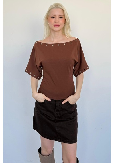 Madmext Kahverengi Off Shoulder Metal Detaylı Kadın Bluz Mg2671 Kahverengi