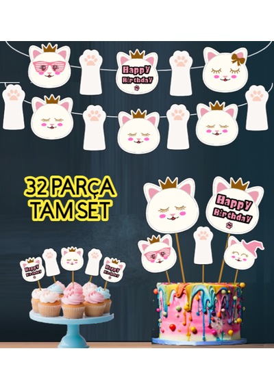 32 Parça Kedi Beyaz Sevimli Kedi Doğum Günü Seti Banner +pasta Kürdanı+ Cupcake Süsü Seti +0