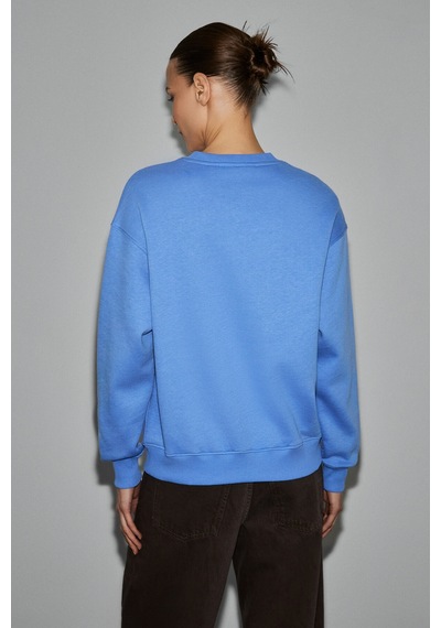 Grimelange Vaneltına Kadın Organik Pamuklu Yumuşacık İçi Polarlı Yuvarlak Yakalı Mavi Sweatshirt Mavi