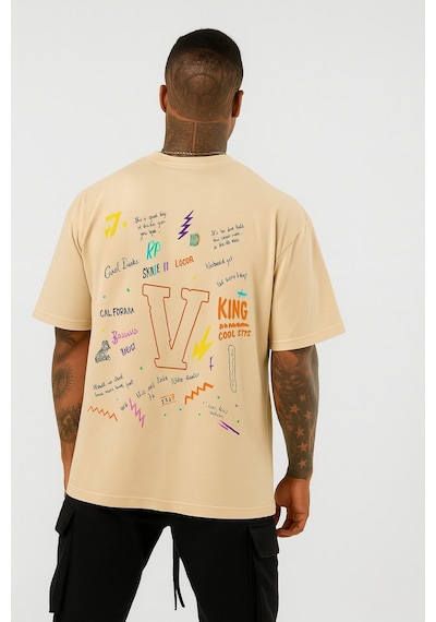 V Baskılı Oversize Beyaz T-shirt Taş