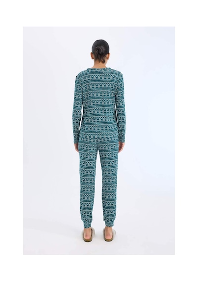 DeFacto Fall in Love Pijama Takımı Waffle Kumaş Uzun Kollu Üst Esnek Belli Uzun Alt D2284AX24WNGN1040 Yeşil