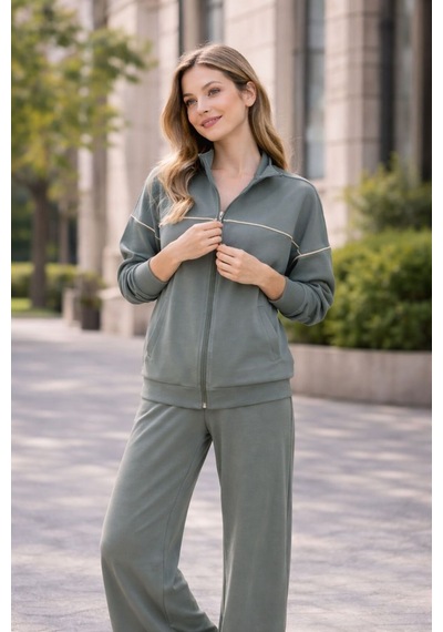 Esra Butik78 Kadın 2 Li Eşofman Takımı Fermuarlı Sweatshirt Ve Bol Paça Alt Rahat Günlük Takım Haki Esra Butik78 Kadın 2 Li Eşofman Takımı Fermuarlı Sweatshirt Ve Bol Paça Alt Rahat Günlük Takım Haki