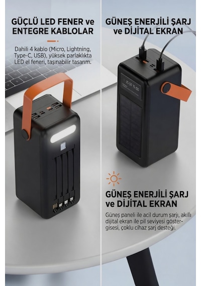 Powerbank 80.000 Mah Güneş Enerjili Solar Dijital Göstergeli El Fenerli Taşınabilir Batarya Siyah