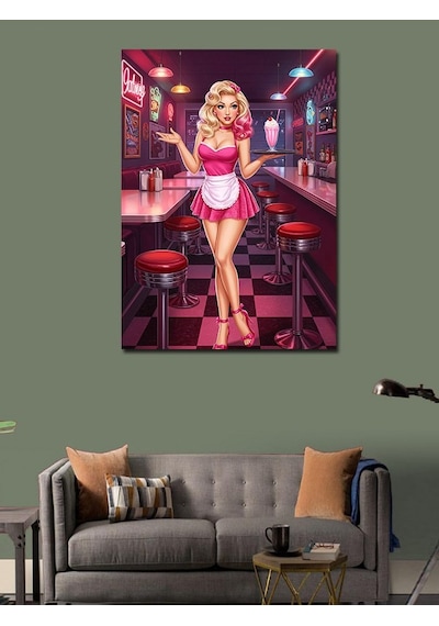 Kanvas Tablo Retro Kafede Pembe Elbiseli Kadın 100cmx140cm