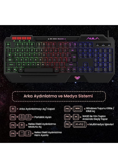 Aula T650 4 İn 1 Gaming Set Rgb Kablolu Membran Klavye 3600 Dpı Mouse Mikrofonlu Oyuncu Kulaklığı Mousepad Lazer