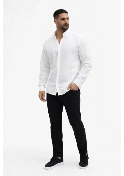 Erkek Keten Kumaş Oversize Uzun Kollu Rahat Kalıp Gömlek - Beyaz